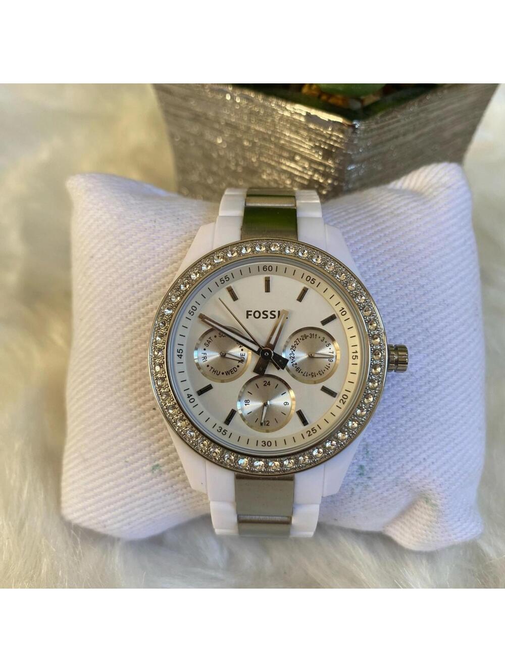 Fossil Women's Stainless Steel and White Ceramic Watch with Crystal Accents